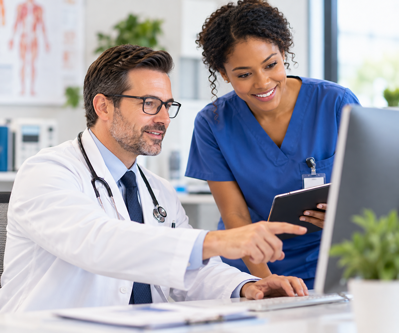 Doctor and nurse working together with a clinic computer